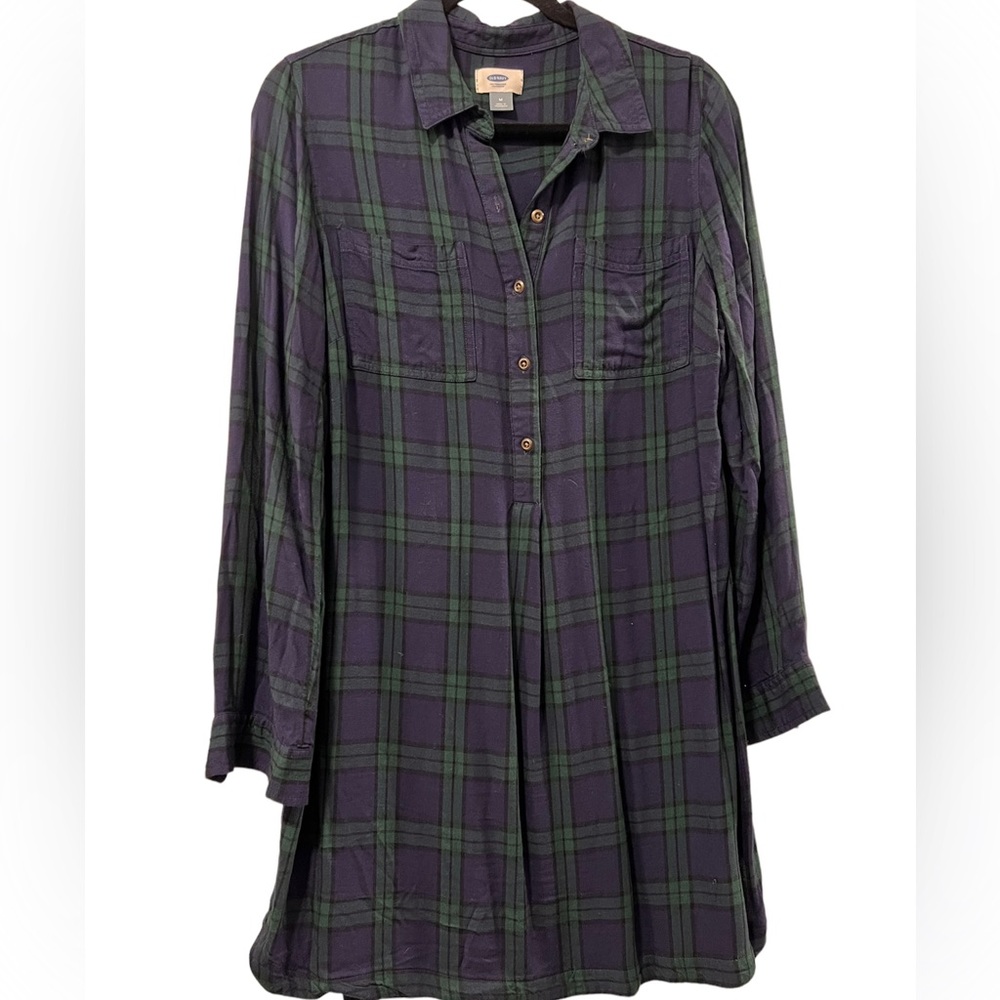 Old Navy Linen Blend Navy and Green Shirt Dress
